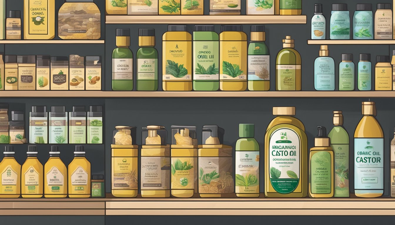 A bottle of organic castor oil sits on a shelf in a Singaporean store, surrounded by other natural products. The label highlights its benefits