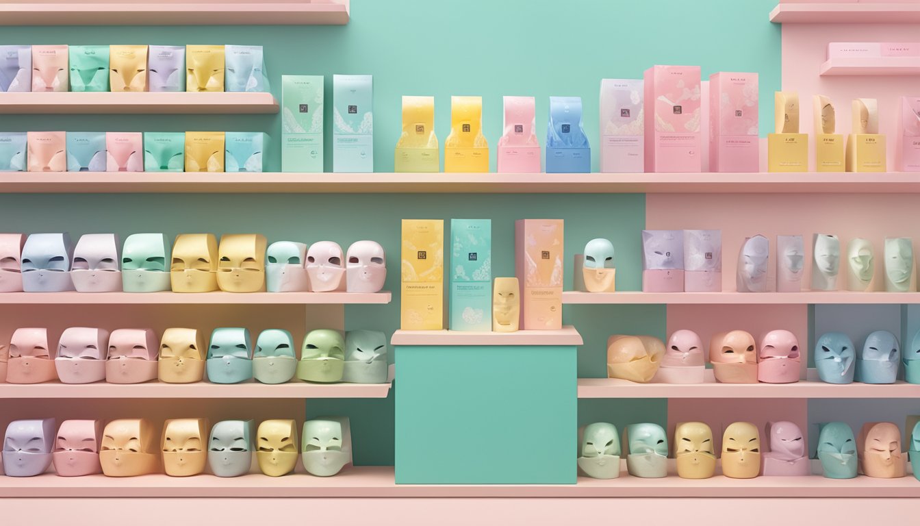 A display of Lululun masks on a shelf in a Singaporean beauty store. Bright, colorful packaging stands out against a clean, minimalist backdrop