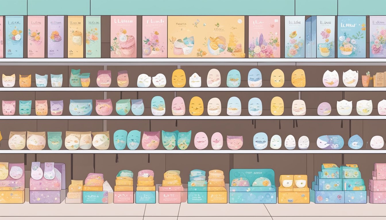 Lululun masks displayed on shelves in a Singaporean beauty store. Bright packaging and various types of masks are neatly arranged