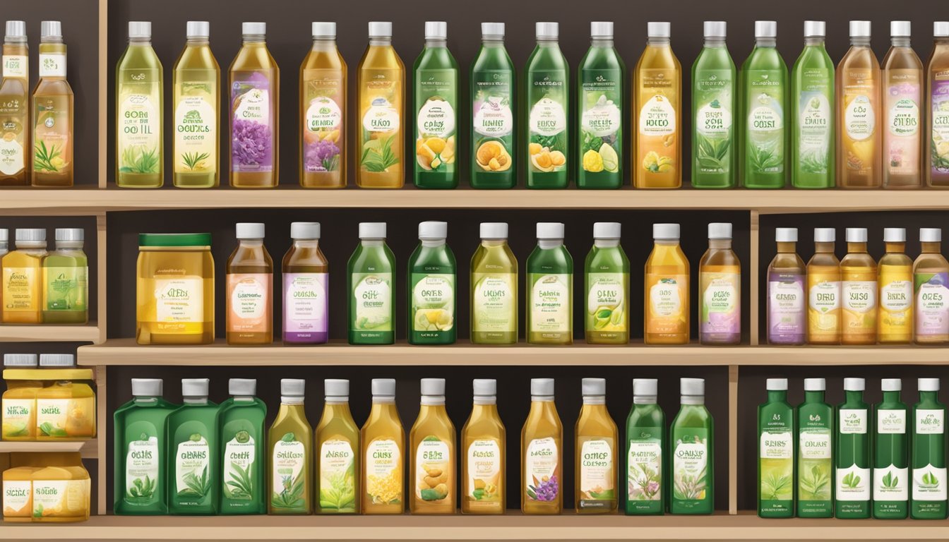 A display of organic castor oil bottles in a Singaporean store, with clear price tags and a variety of brands to choose from