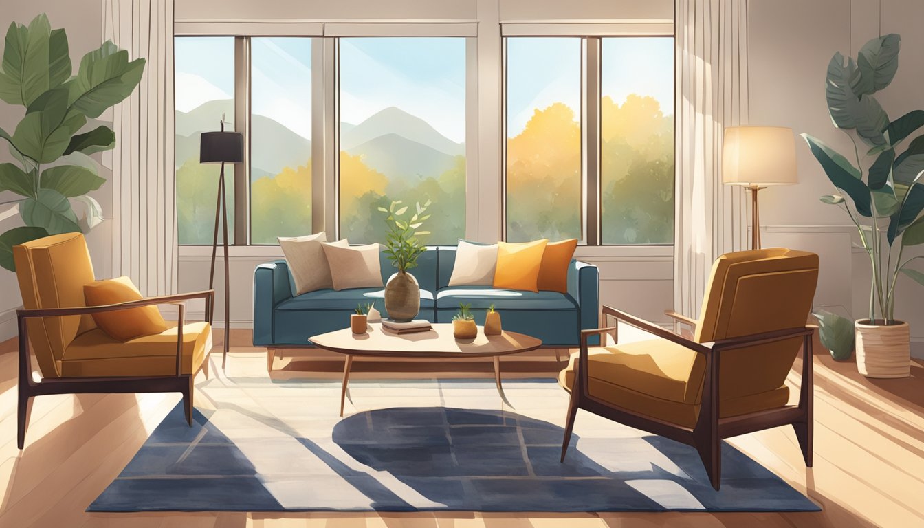 A cozy living room with a sleek, modern chair as the focal point. Sunlight streams in through the window, casting a warm glow on the inviting seat