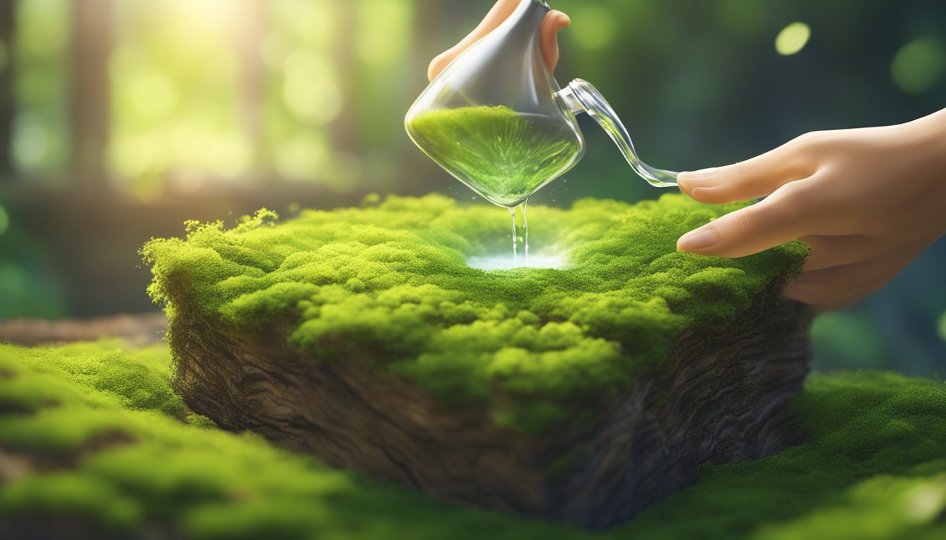 A hand pours water onto a bed of vibrant green moss. The sunlight filters through the leaves, creating a serene and nurturing atmosphere
