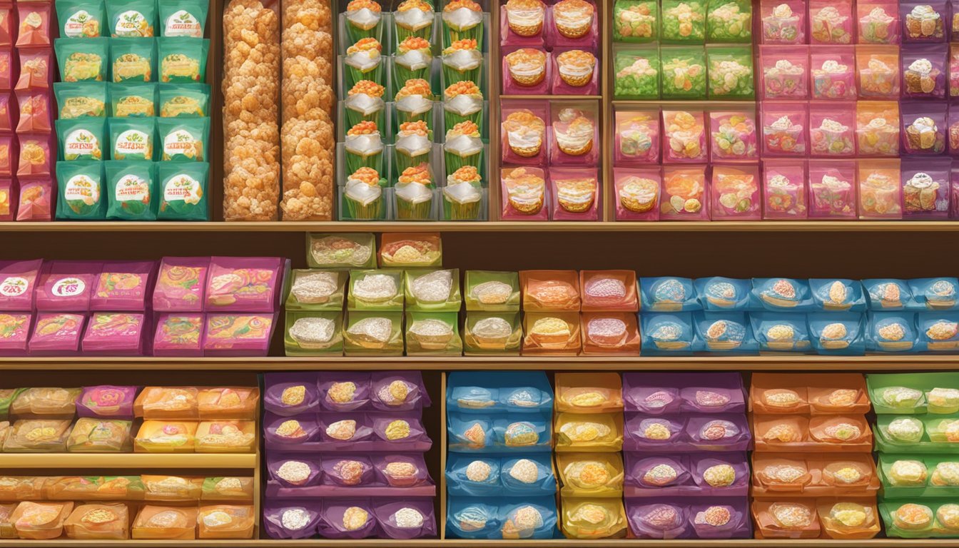 A display of coconut candies in a Singaporean market, with various brands and flavors, showcasing the options available for purchase