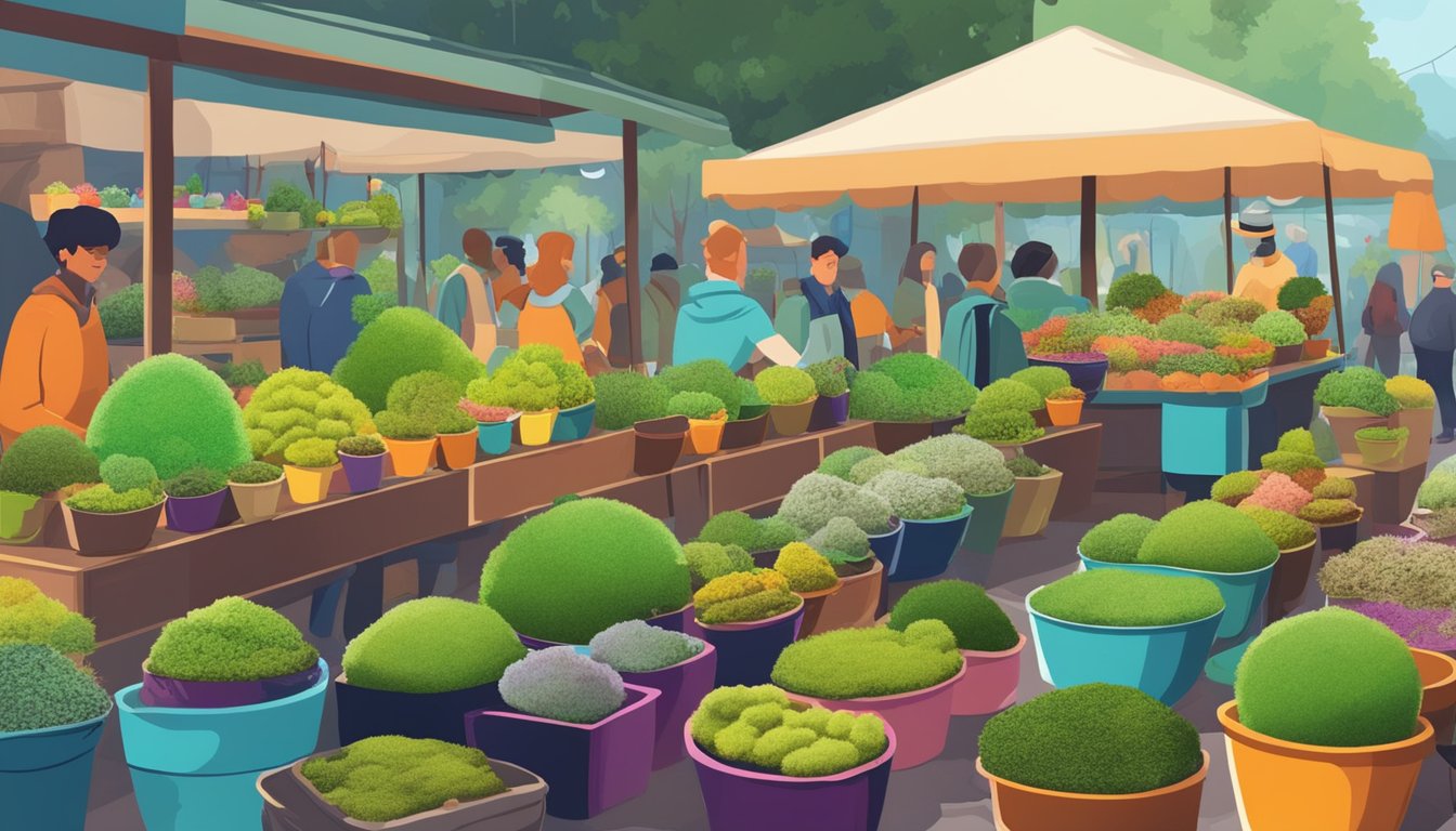 A vibrant market stall with various types of moss displayed in colorful pots, surrounded by curious customers inquiring about the different options available