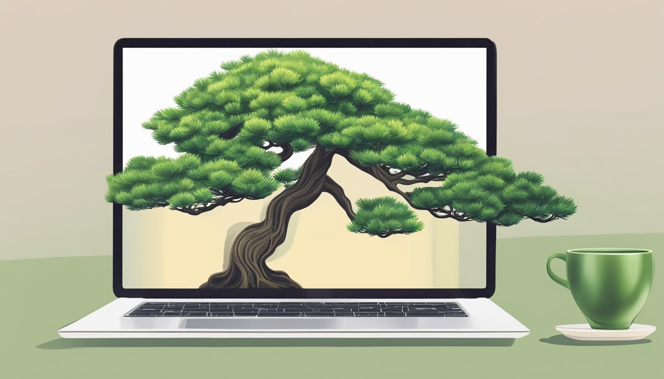 A hand clicks "add to cart" on a laptop, buying a bonsai tree online