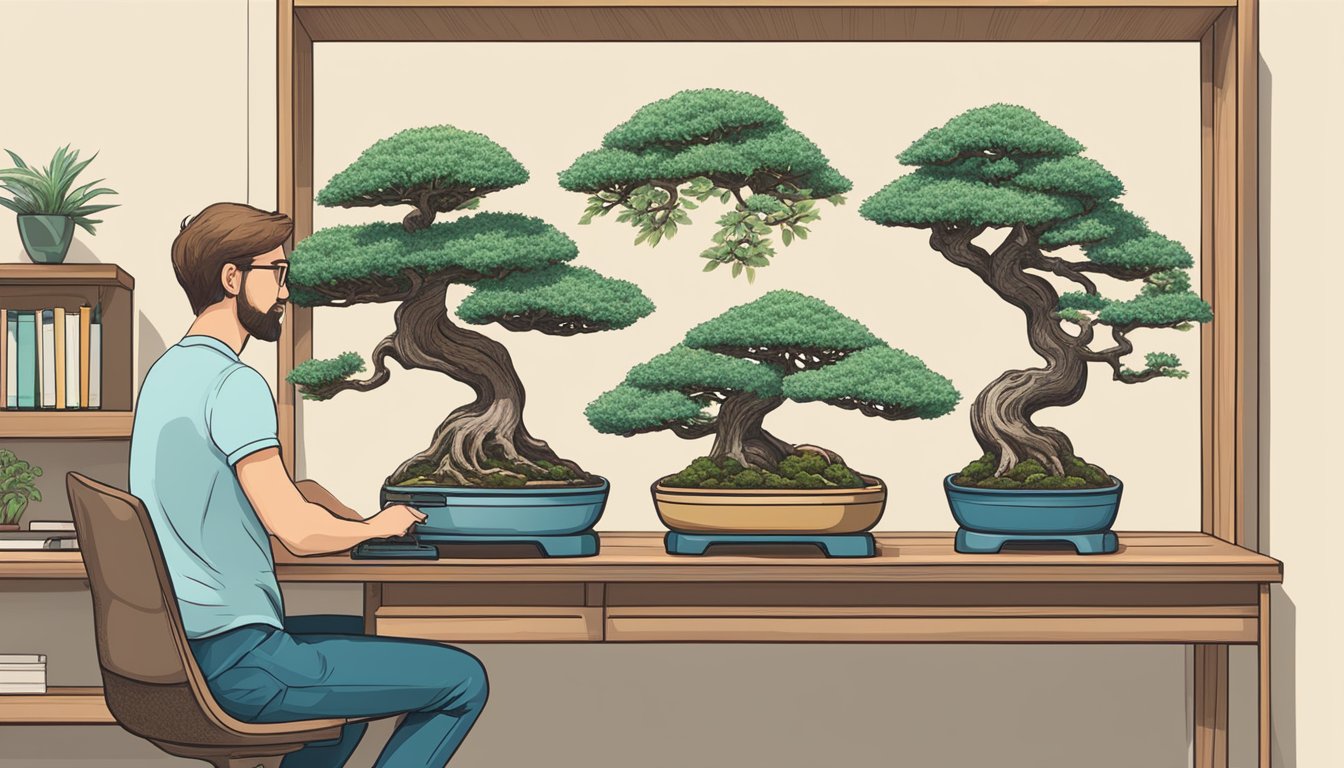 A person browsing through various bonsai trees displayed on a computer screen, clicking on different options and adding them to their online shopping cart