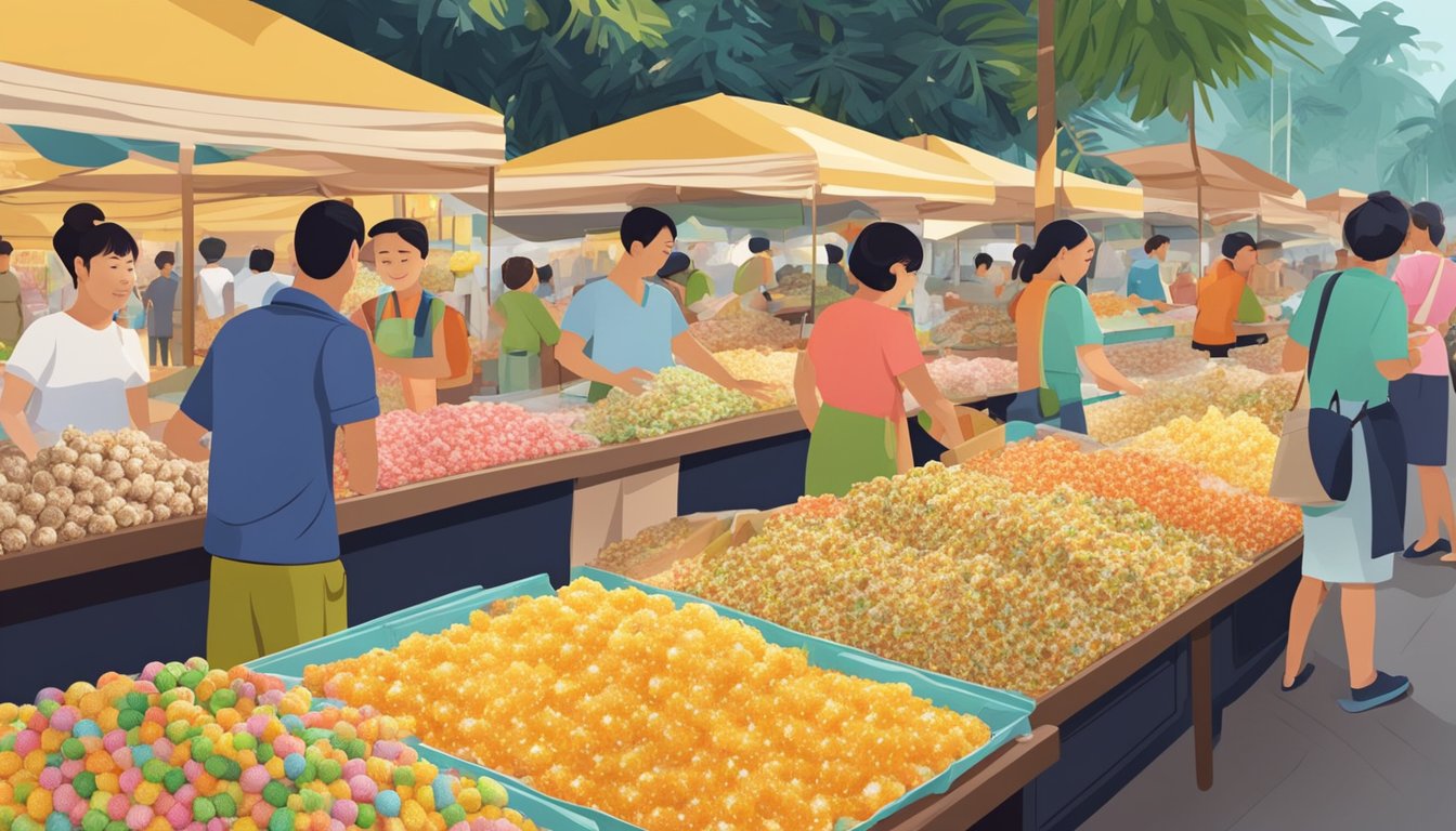A bustling market stall in Singapore displays an array of coconut candies, with eager customers inquiring about their availability