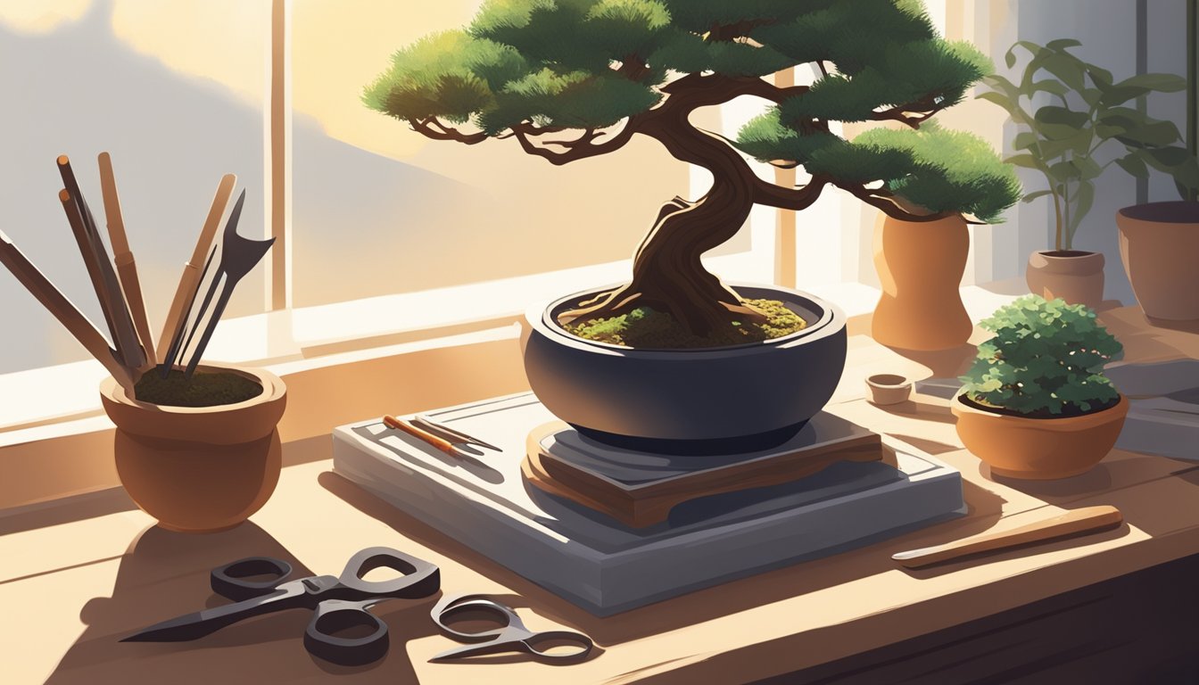 A pair of hands carefully trims and shapes a small bonsai tree, surrounded by tools and pots. The sunlight streams in through a nearby window, casting a warm glow on the scene