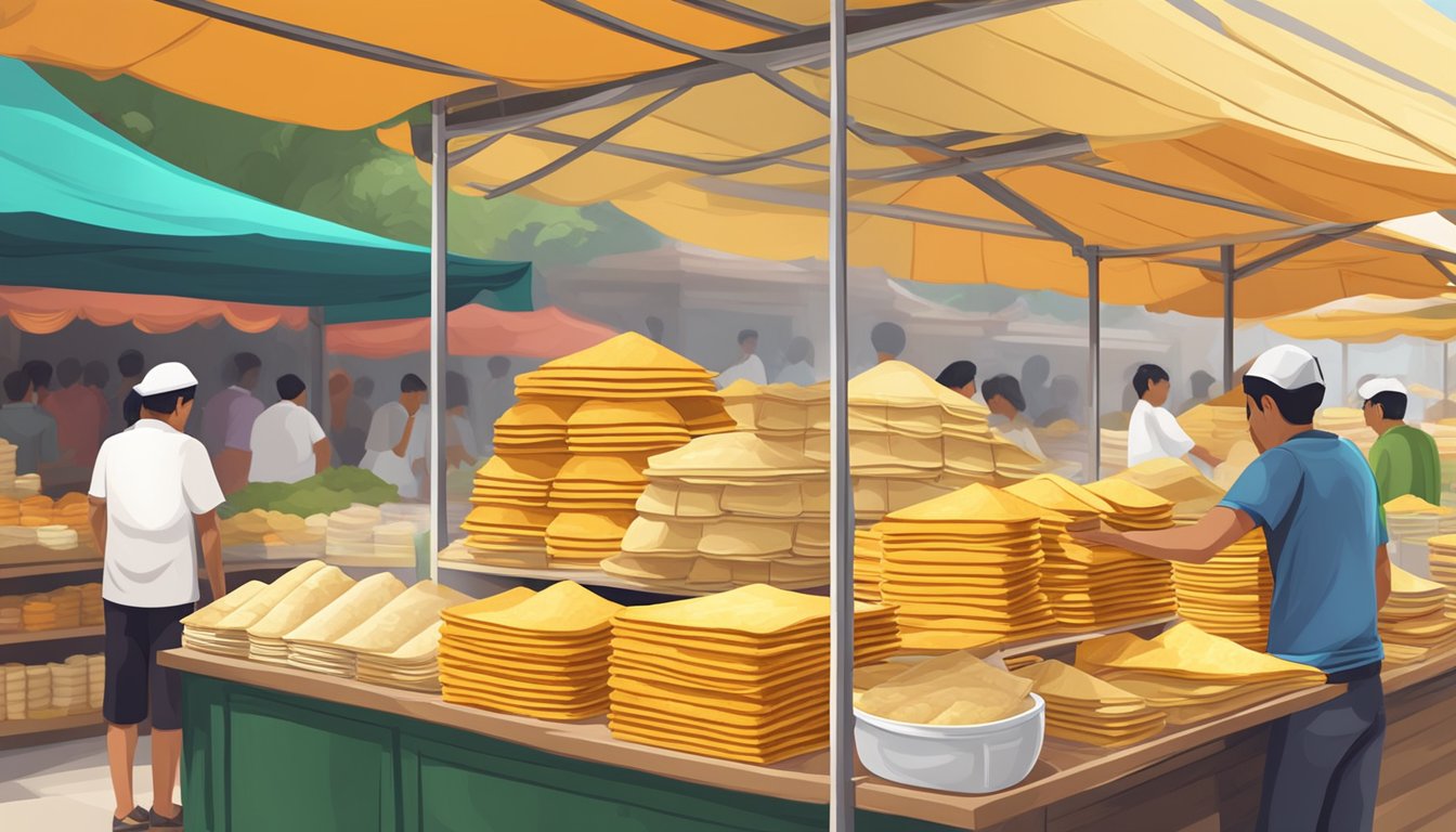 A colorful market stall displays stacks of papadum in Singapore