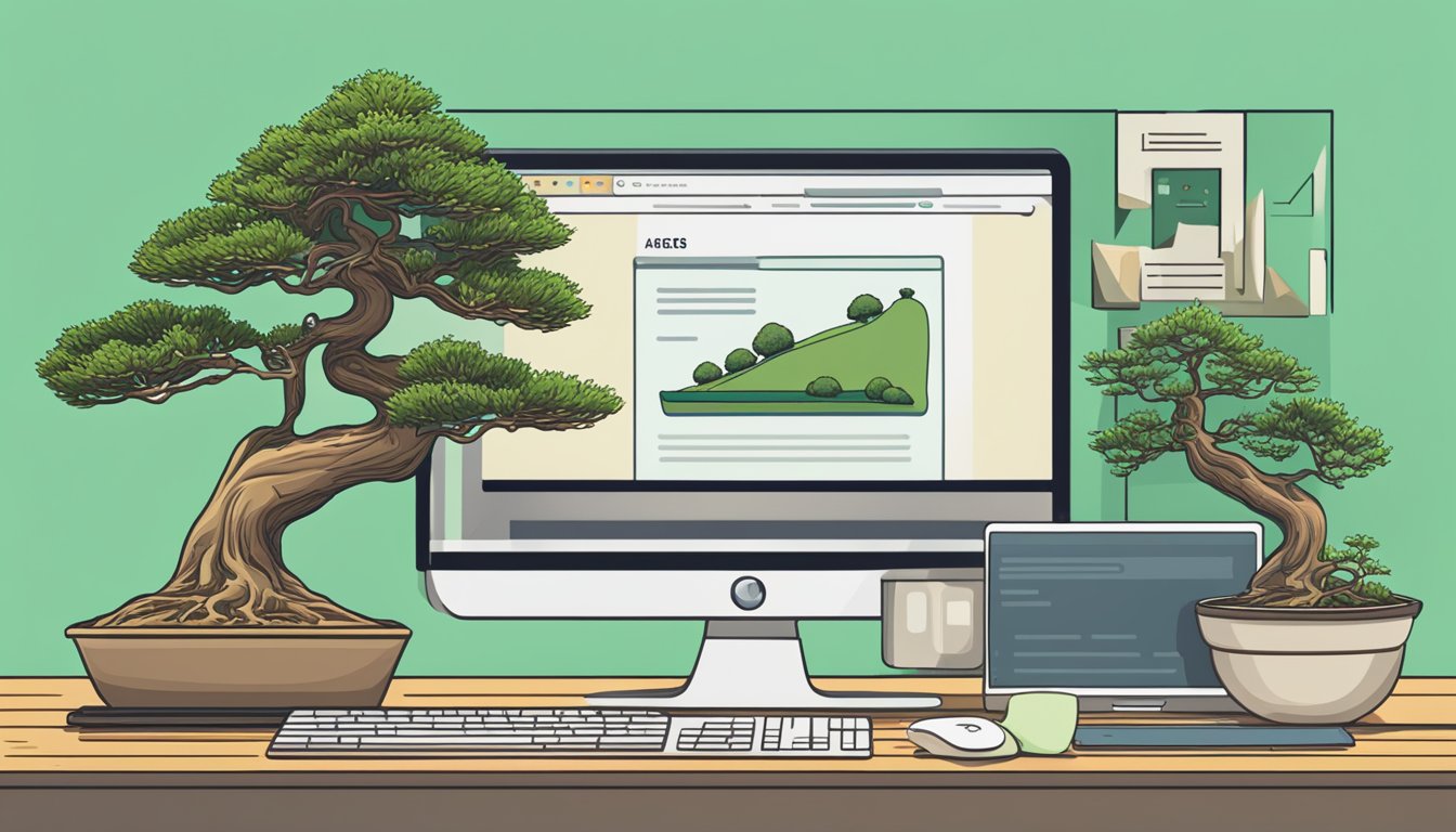 A computer screen with a website open, displaying a variety of bonsai trees for sale. A cursor hovers over a "Frequently Asked Questions" link