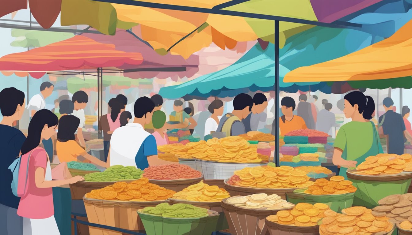 A bustling market stall displays colorful papadums in Singapore. Shoppers browse the selection, as the vendor arranges the crispy snacks