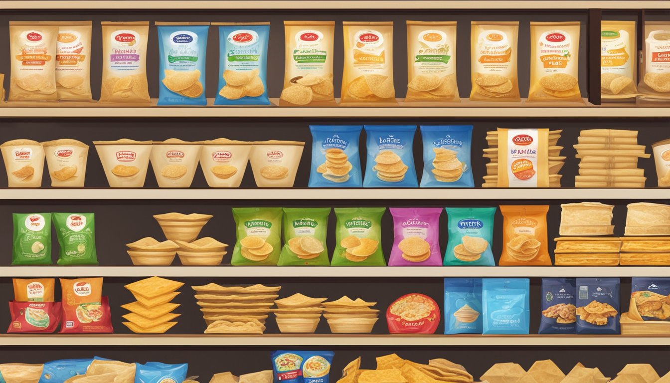 Various papadum types displayed on shelves, with brand logos visible. A sign indicates "Papadum for sale" in a Singaporean store