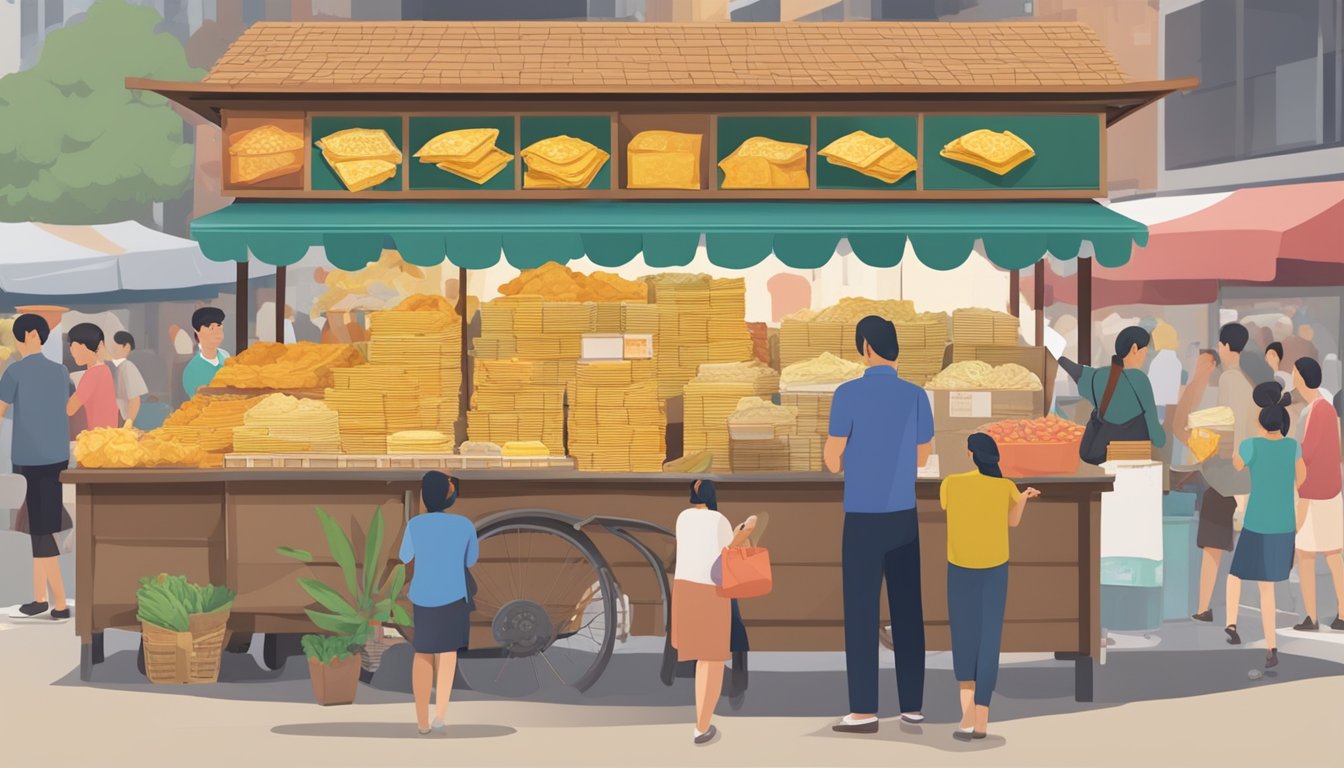 A bustling market stall in Singapore displays an array of papadum packages, with eager customers asking the vendor about the different varieties available