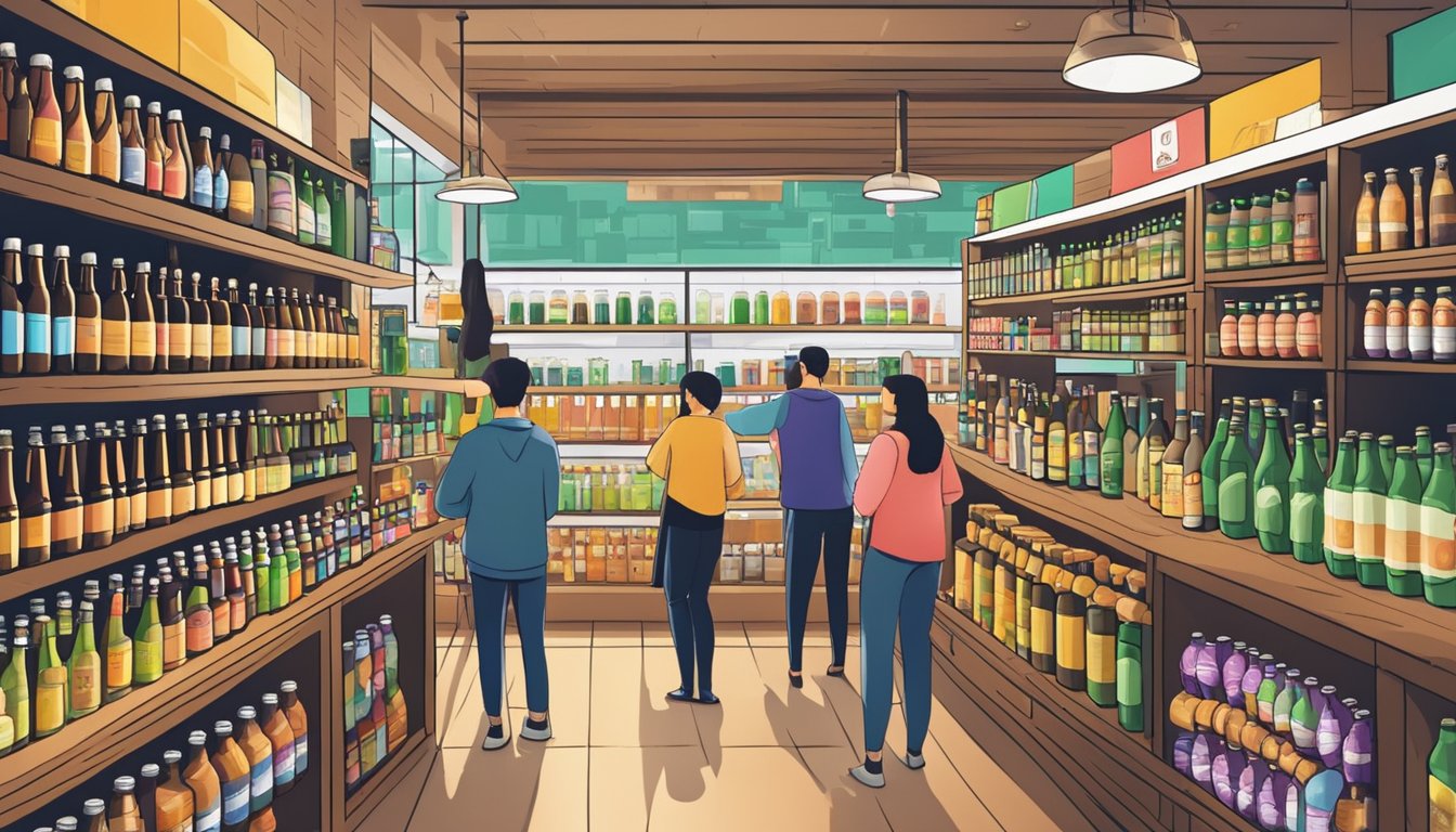 A bustling craft beer store in Singapore, shelves lined with colorful bottles and cans, customers browsing and chatting with the knowledgeable staff