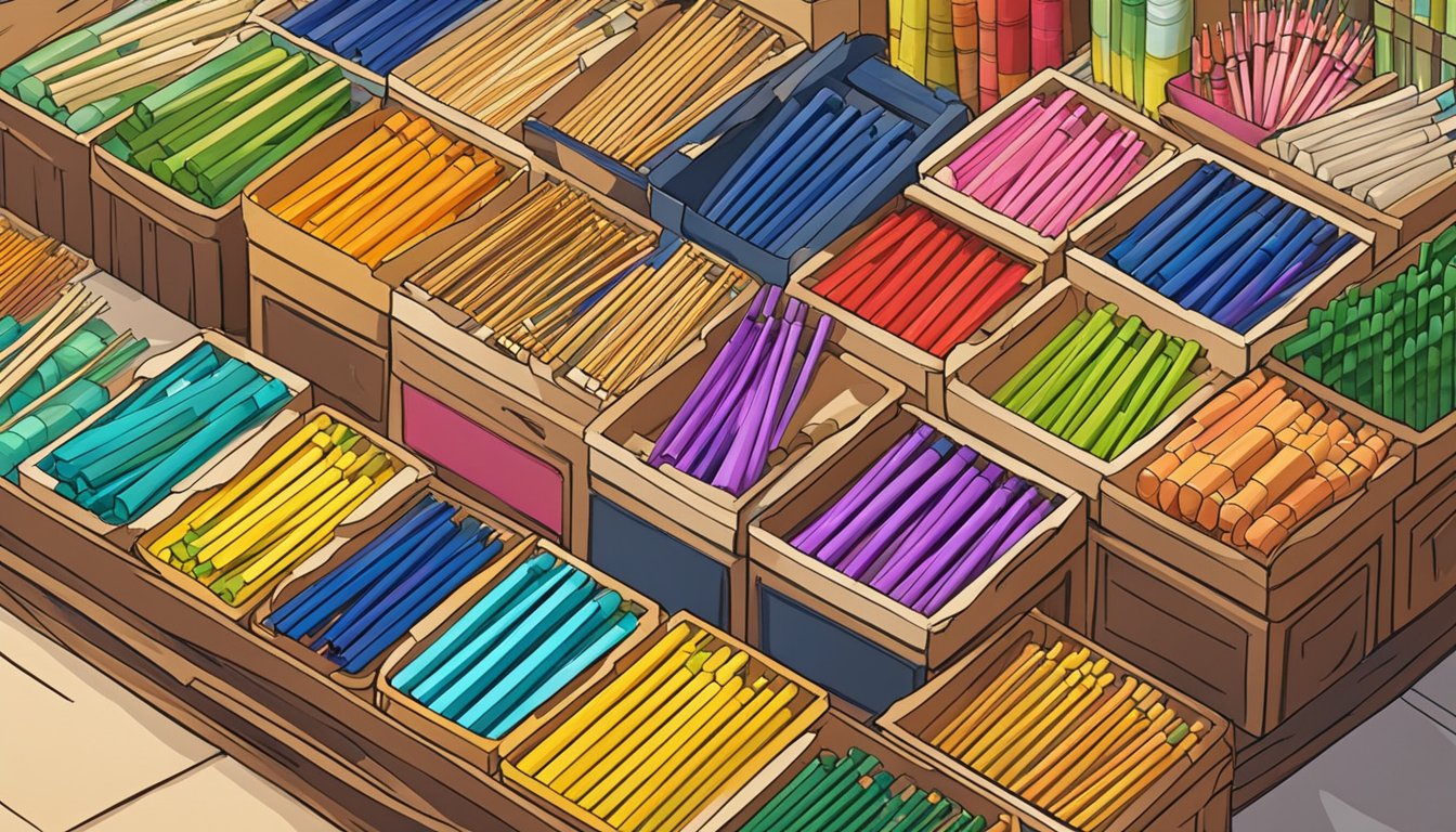 A colorful display of chopsticks in a bustling Singapore market, with various styles and materials on offer
