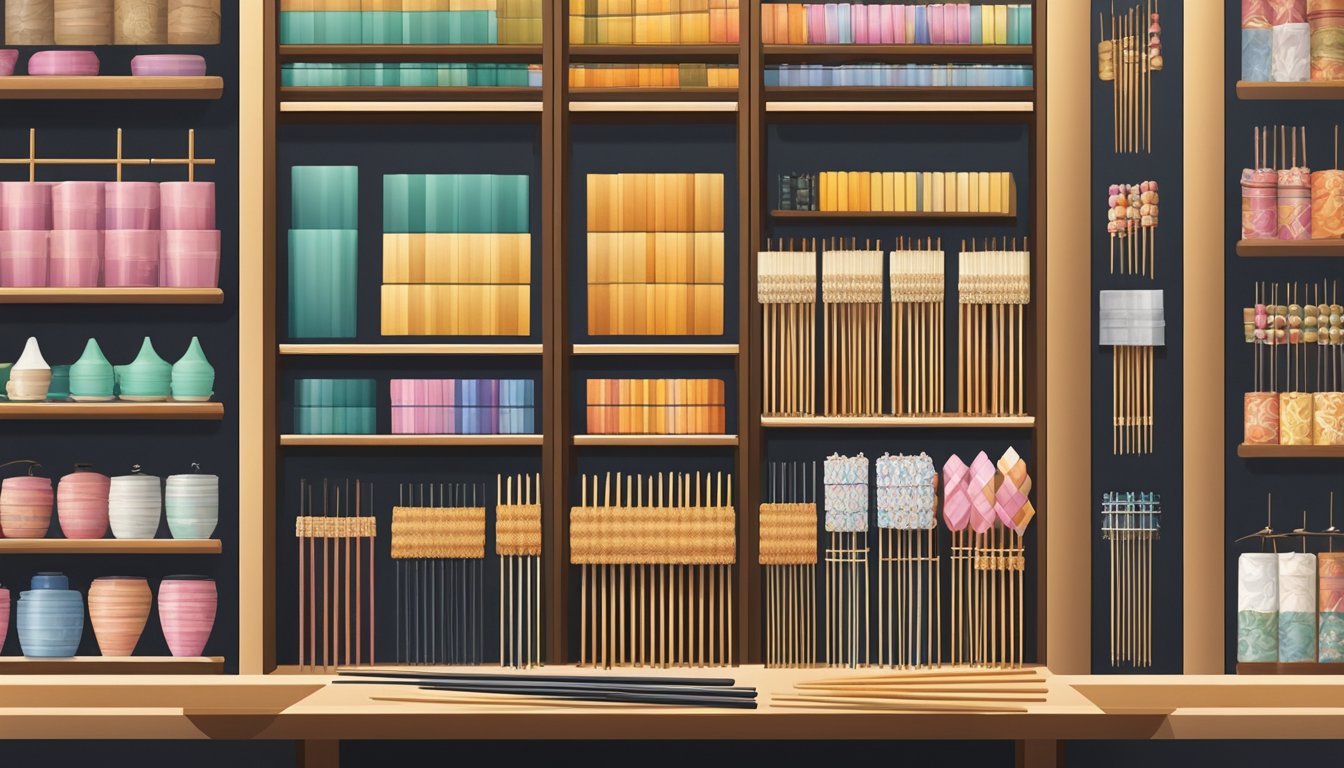 A display of elegant chopsticks in a well-lit store, with various styles and materials, neatly arranged on shelves