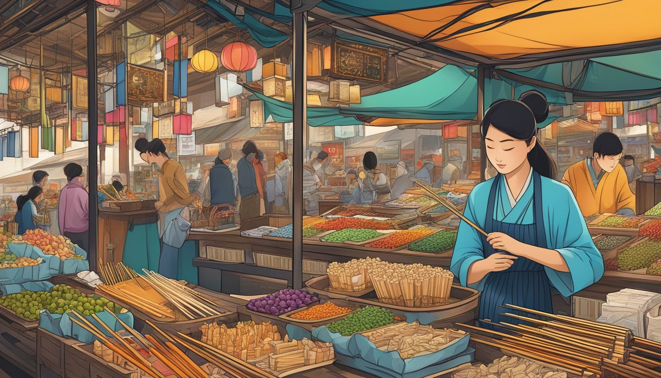 A bustling market stall showcasing an array of elegant chopsticks, with vibrant colors and intricate designs, catching the eye of curious shoppers
