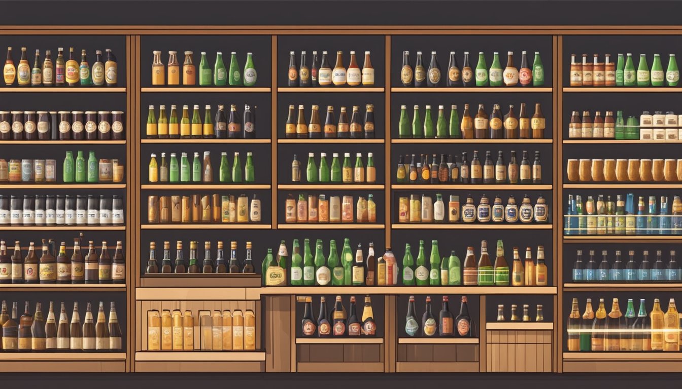 Craft beer shelves in a modern Singaporean liquor store, with various brands and styles neatly displayed. Bright lighting and clean, organized shelves