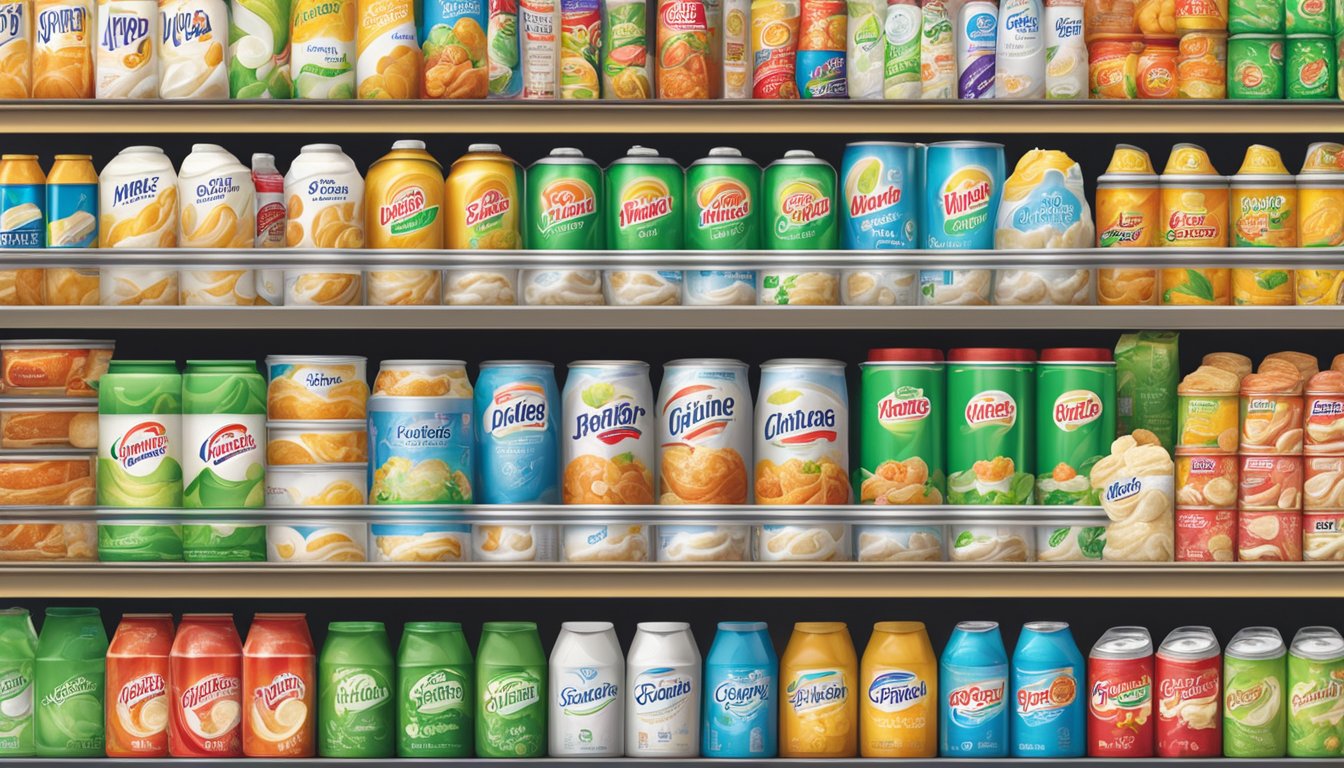 A grocery store shelf displays various brands of whipped cream cans in Singapore