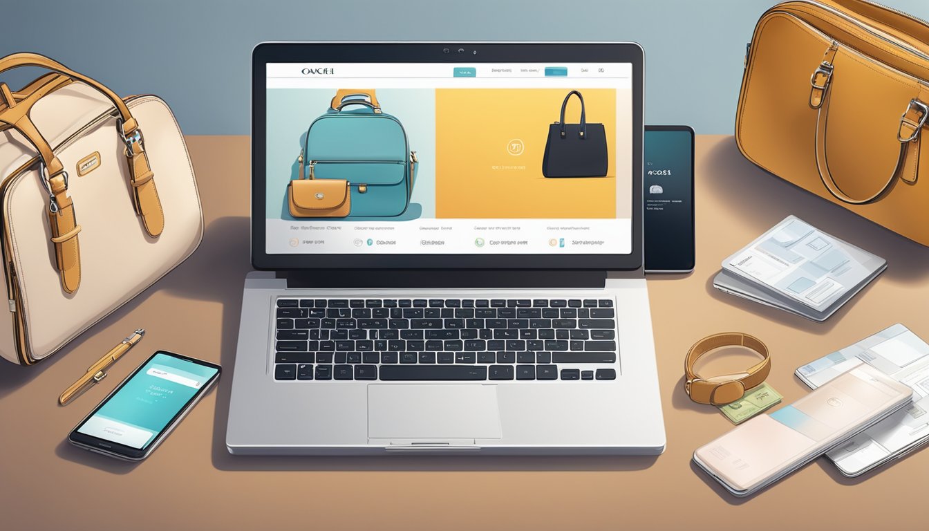 A laptop displaying the Coach website with various handbags and accessories. A credit card and smartphone nearby. The room is well-lit and modern