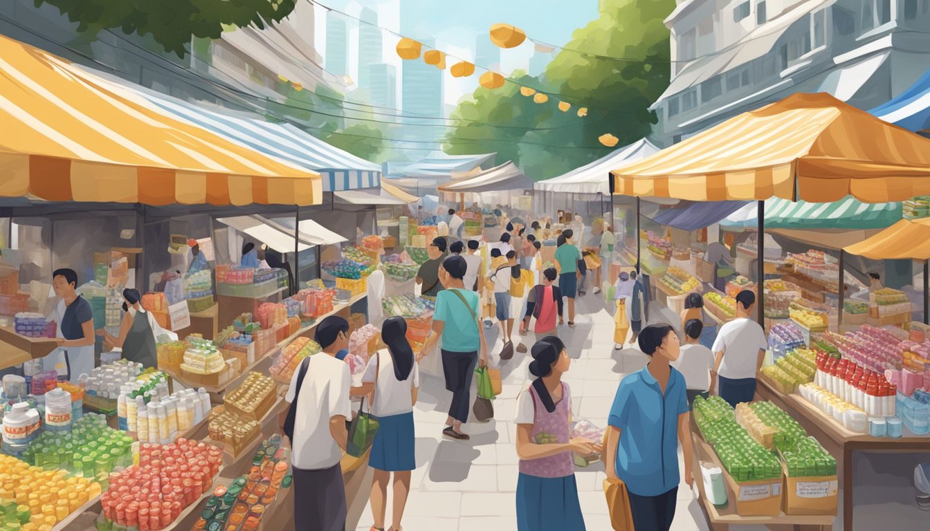 A bustling marketplace with colorful stalls selling various brands of whipped cream cans and bottles in Singapore