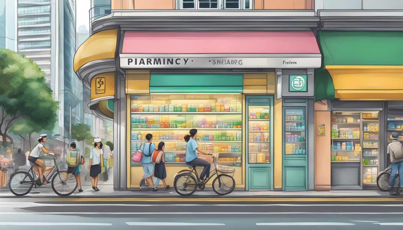 A busy street in Singapore with a pharmacy sign advertising numbing cream in the window