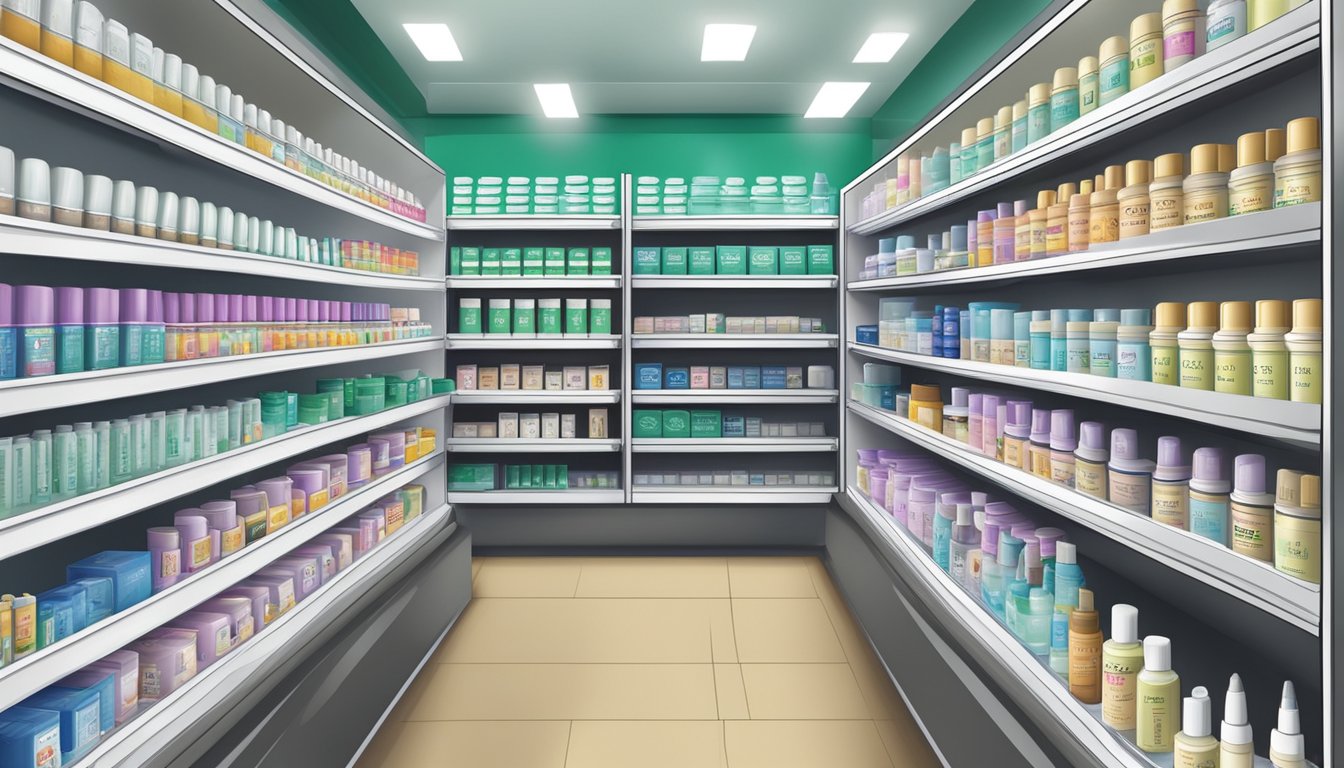 A pharmacy shelf displays numbing cream tubes in Singapore