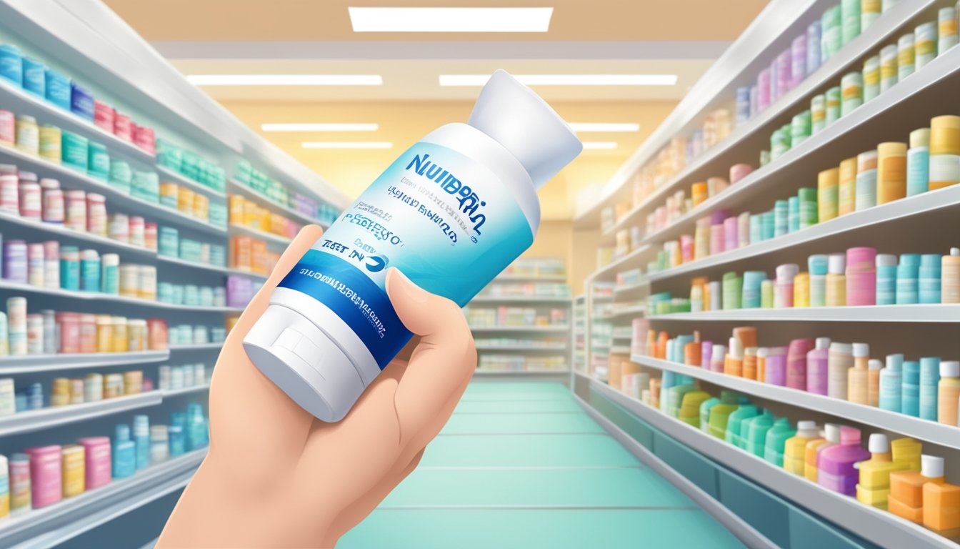 A hand holding a tube of numbing cream with a background of a pharmacy or medical store in Singapore