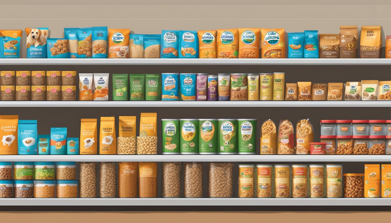A pet store shelf displays various brands of dog food in Singapore