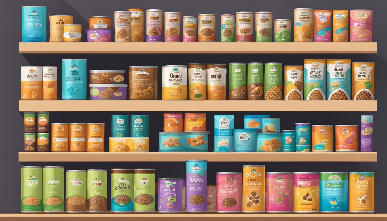 A variety of dog food brands line the shelves of a pet store in Singapore, with colorful packaging and different types of kibble and canned options available for purchase