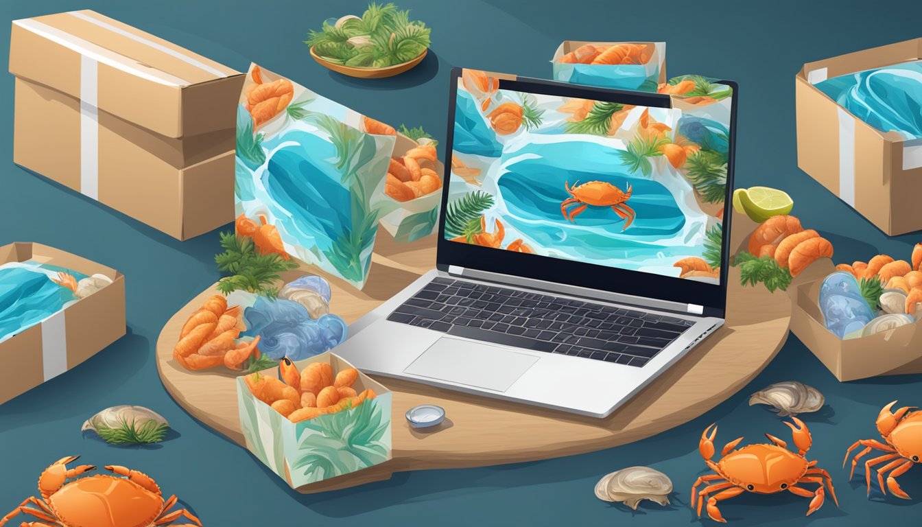A laptop with a crab image on the screen, surrounded by seafood packaging and a delivery box