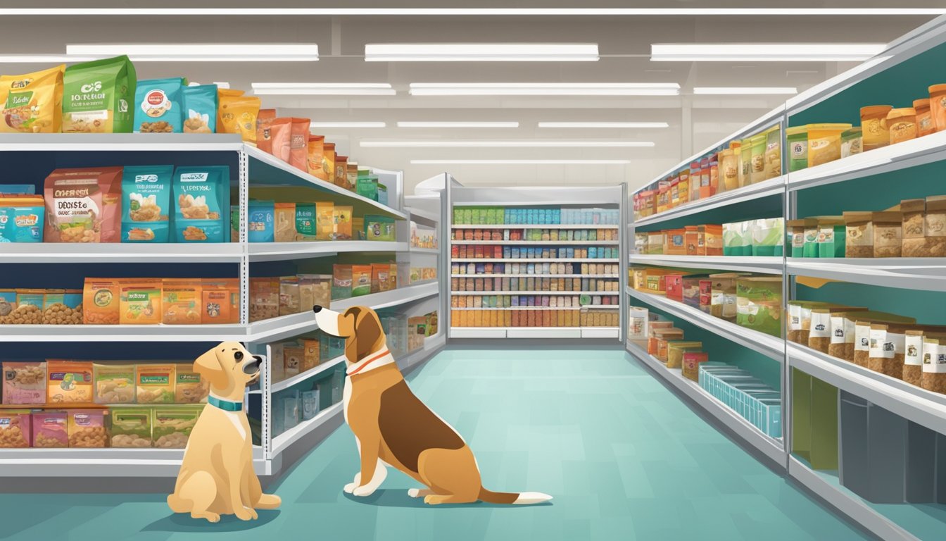A bustling pet store shelves stocked with various brands of quality dog food in Singapore