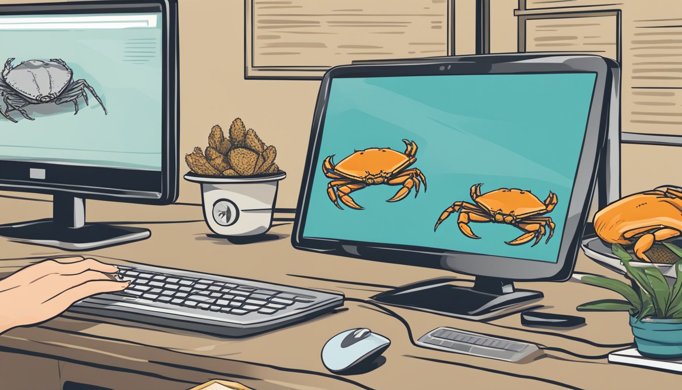 A hand reaches for a computer mouse, clicking "add to cart" on a website selling live crabs. A variety of crab species are displayed on the screen, along with options for size and quantity