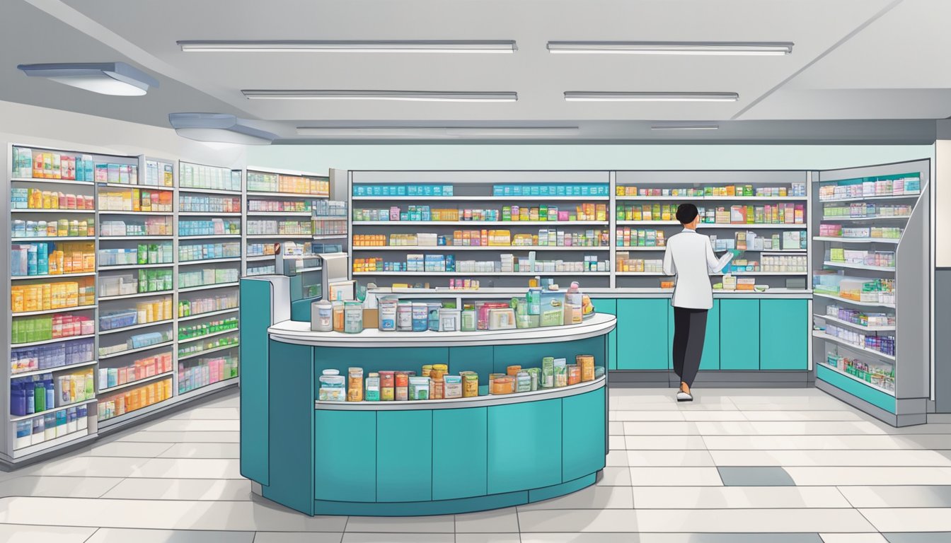 A bustling pharmacy in Singapore displays shelves stocked with Optifast products. Customers browse the selection, while a pharmacist assists at the counter