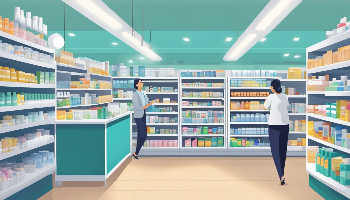 The shelves of a pharmacy in Singapore are stocked with Optifast products, neatly organized and labeled. Customers browse the selection, while a pharmacist assists a customer at the counter