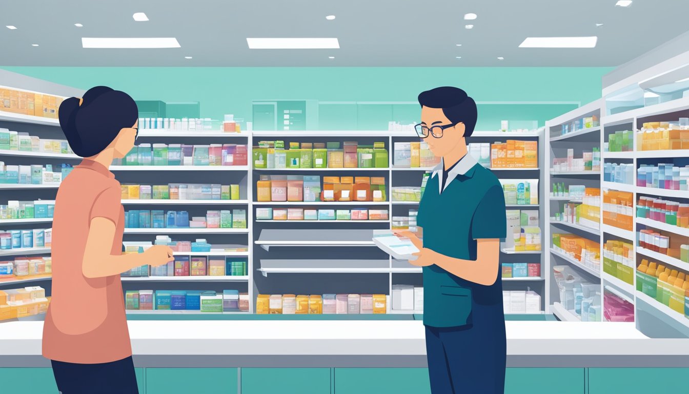 A busy pharmacy counter with shelves stocked with Optifast products, a customer asking a staff member about purchasing Optifast in Singapore