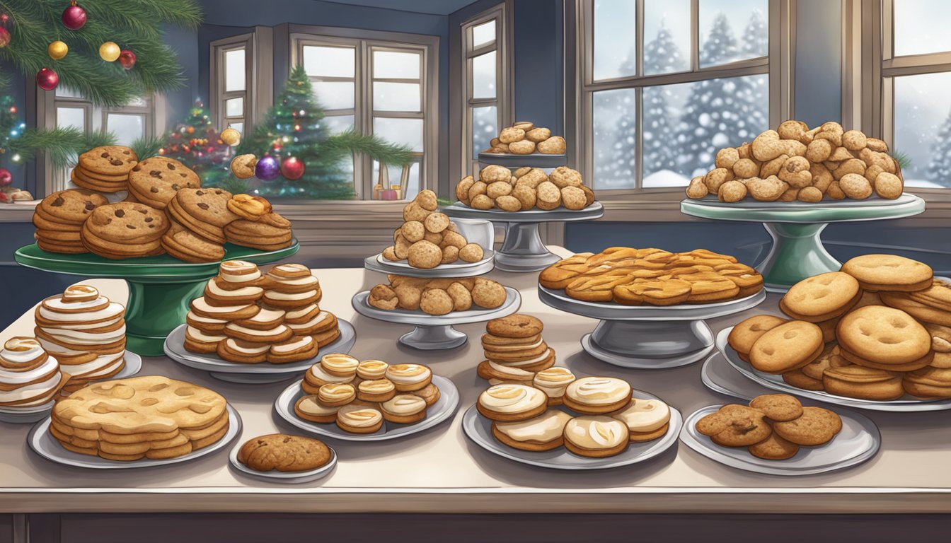A festive table with assorted Christmas cookies, displayed in a bakery in Singapore