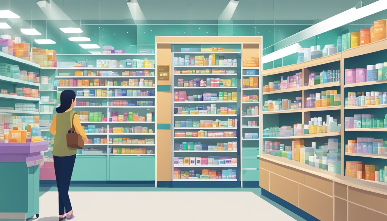 A bustling pharmacy shelves Promescent in Singapore. Customers browse nearby products