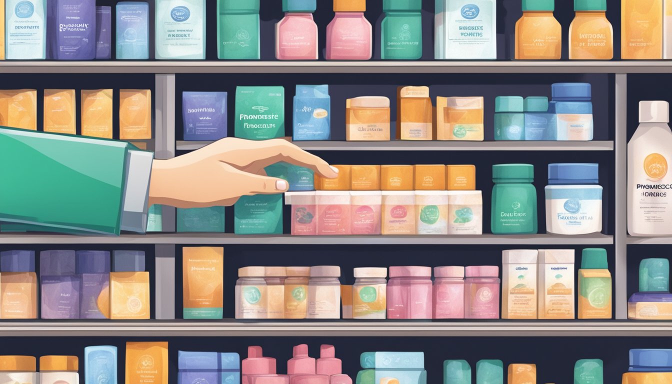 A hand reaching for a box of Promescent in a Singapore pharmacy shelf