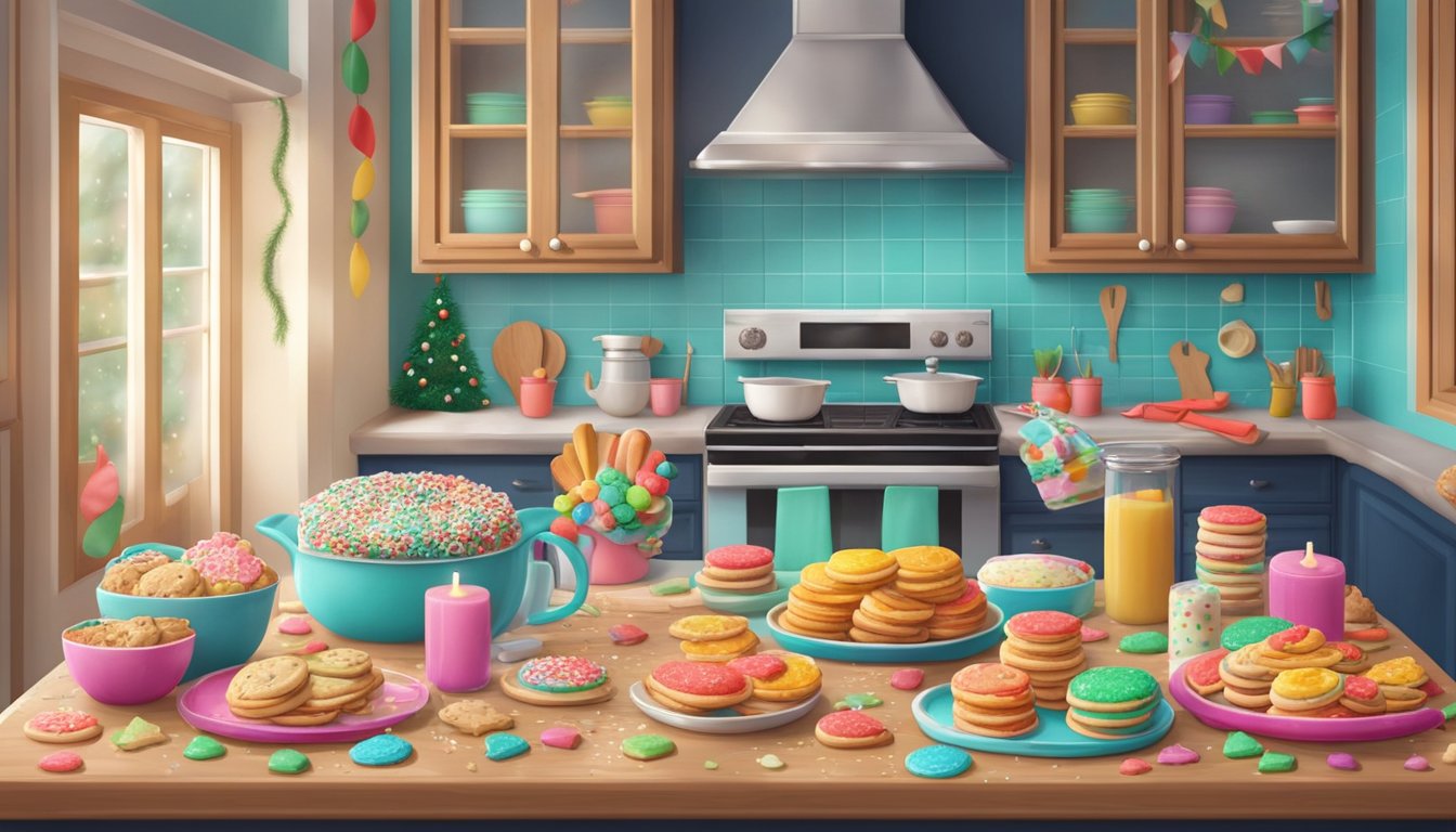 A cozy kitchen adorned with festive decorations, filled with the aroma of freshly baked Christmas cookies. A table is covered with colorful icing, sprinkles, and cookie cutters, ready for a fun and creative decorating session