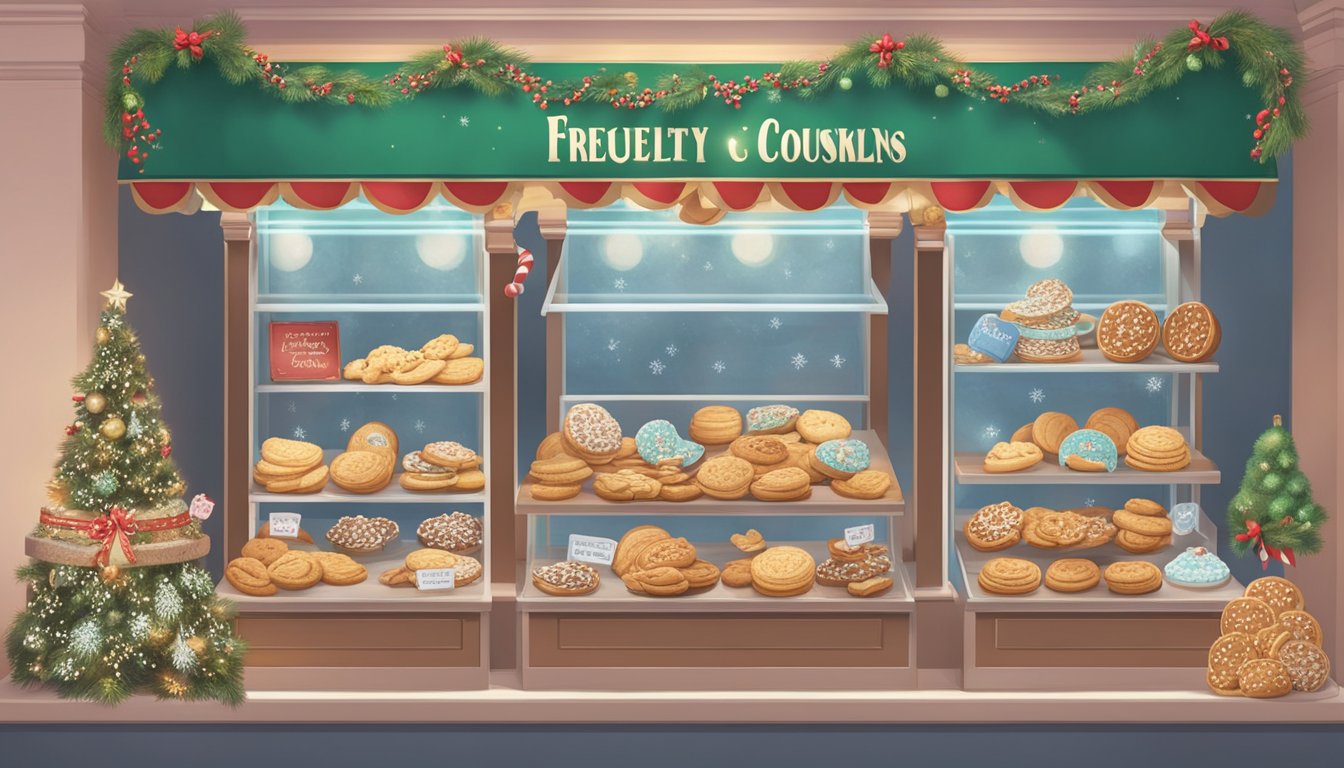 A festive display of assorted Christmas cookies in Singapore, with a sign reading "Frequently Asked Questions" prominently displayed