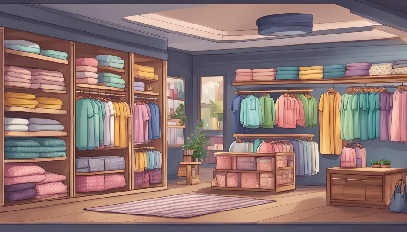 A cozy pajama shop in Singapore with colorful displays and soft fabrics. Shelves lined with different styles and sizes, inviting customers to browse