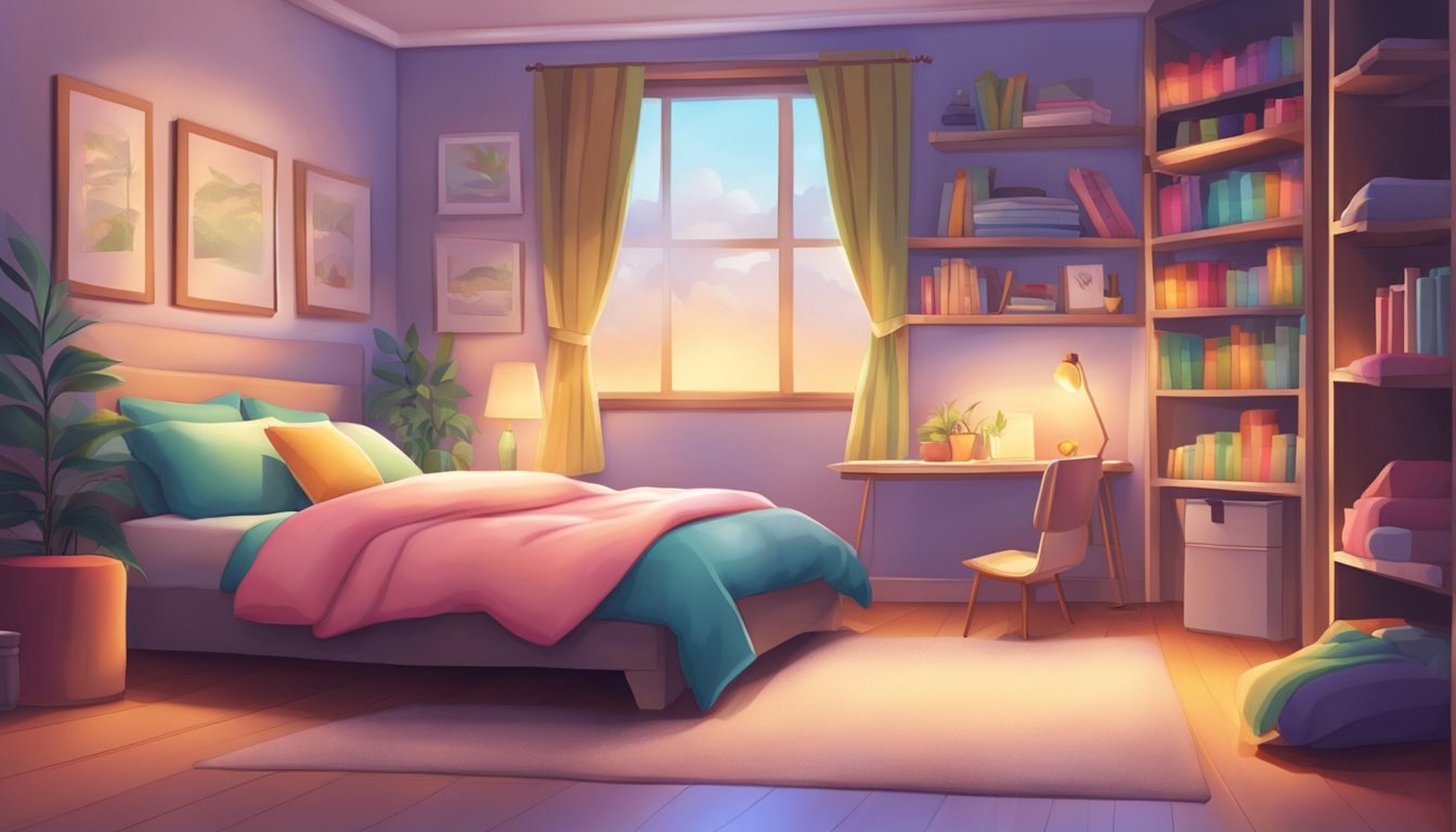 A cozy bedroom with shelves of colorful pajamas, soft lighting, and a comfortable bed in the background
