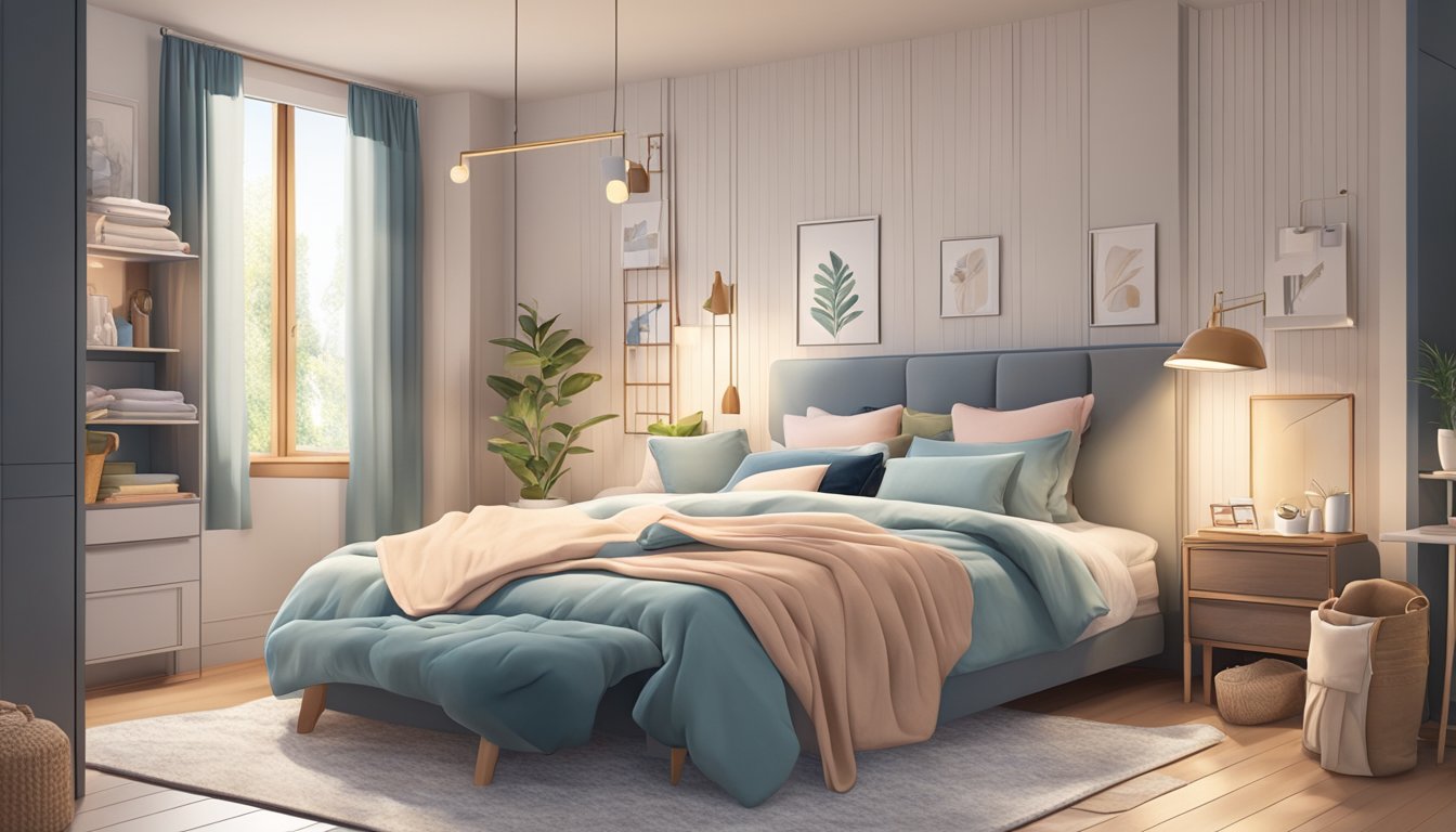 A cozy bedroom with a neatly organized wardrobe filled with various styles and colors of pajamas. A soft, plush rug and a comfortable bed add to the inviting atmosphere