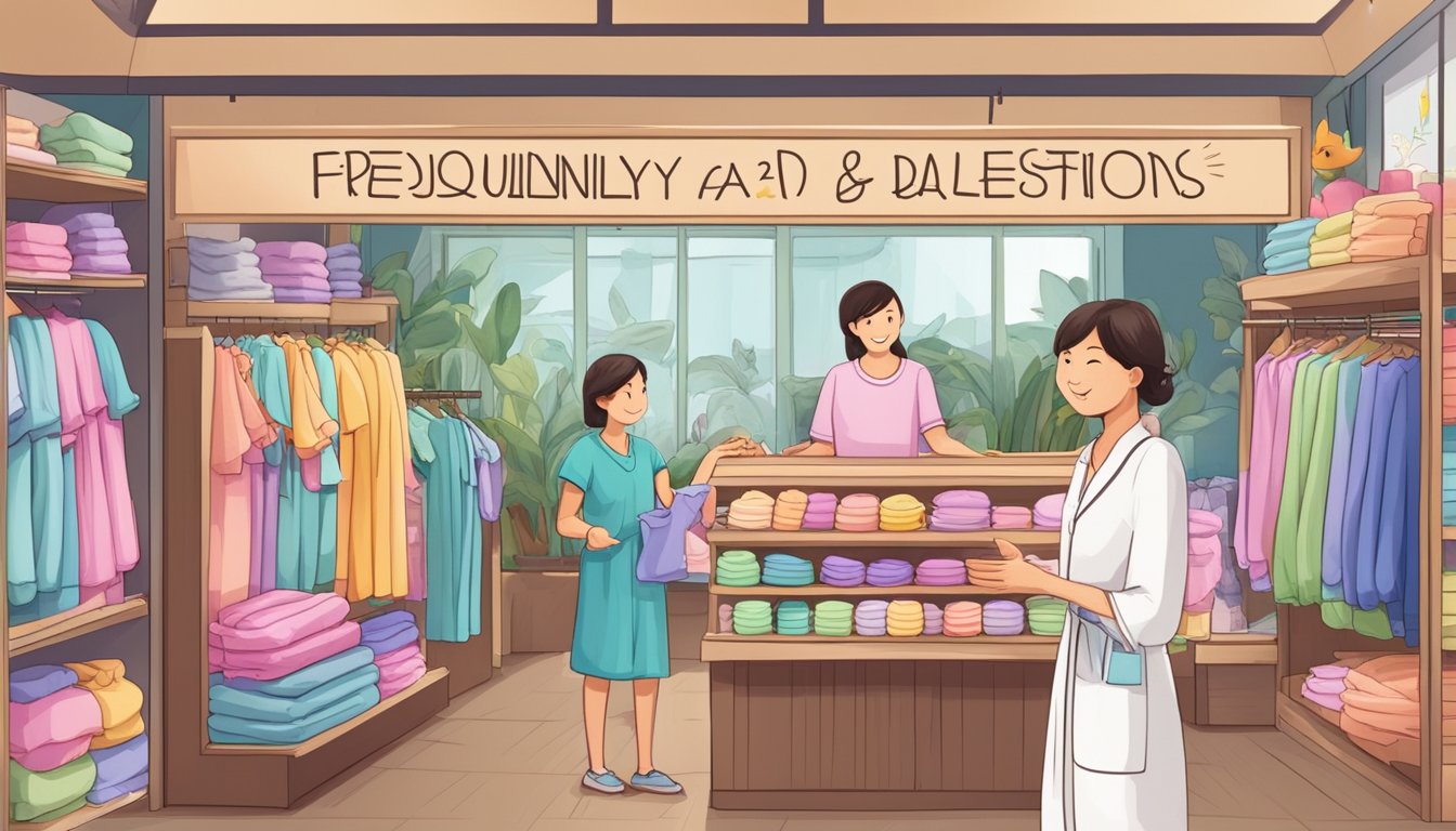A cozy pajama store in Singapore with shelves of colorful sleepwear, a friendly staff member assisting a customer, and a sign promoting "Frequently Asked Questions" about their products
