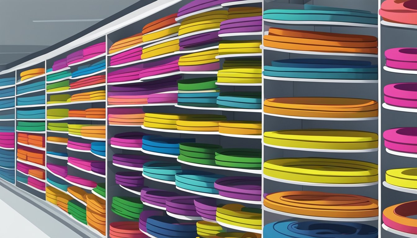 A display of colorful elastic bands arranged neatly on shelves in a well-lit retail store in Singapore