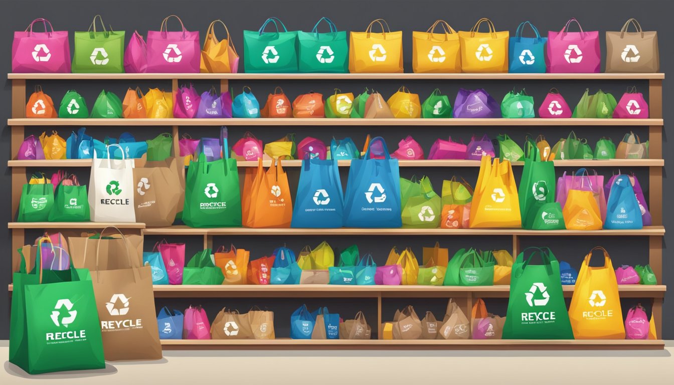 A store display of colorful recycle bags in Singapore. Shelves filled with various sizes and designs. Bright signage indicating "Recycle Bags for Sale."