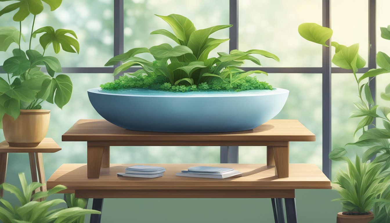 A serene tabletop water fountain sits on a wooden table, surrounded by lush green plants. The gentle sound of flowing water adds a calming ambiance to the room. Available for purchase in Singapore