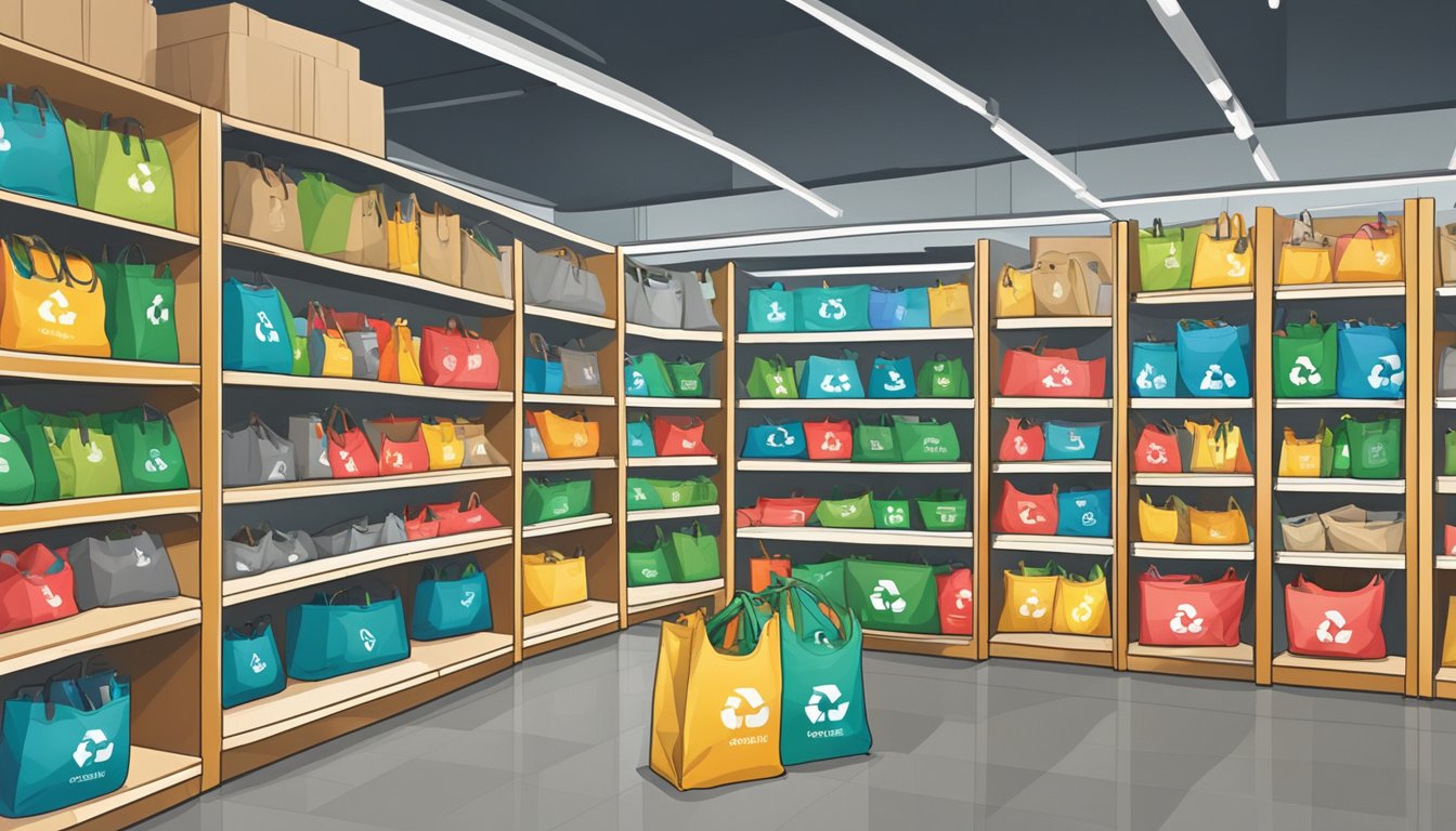 Recycle bags displayed on shelves in a bright, organized store in Singapore. Various sizes and designs available for purchase