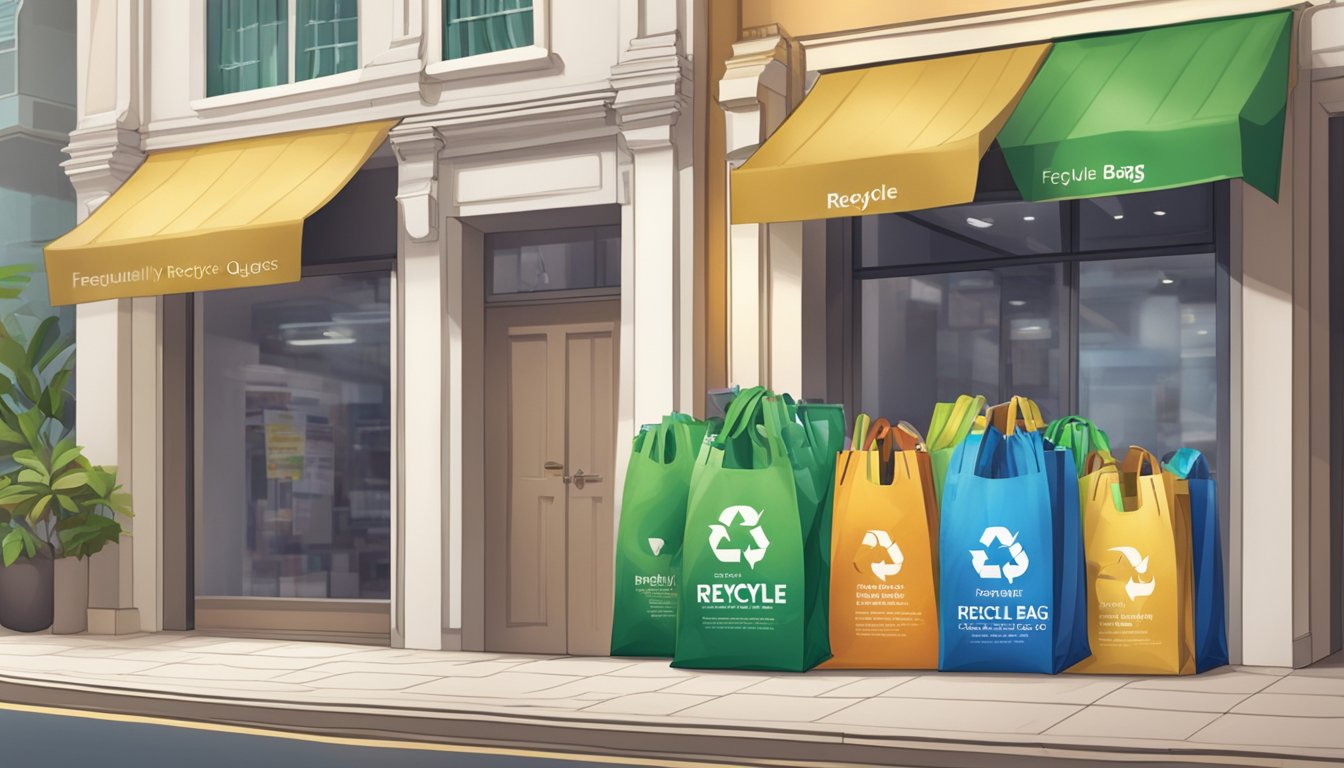 A display of colorful recycle bags at a store in Singapore, with a prominent sign indicating "Frequently Asked Questions: Where to buy recycle bags in Singapore."
